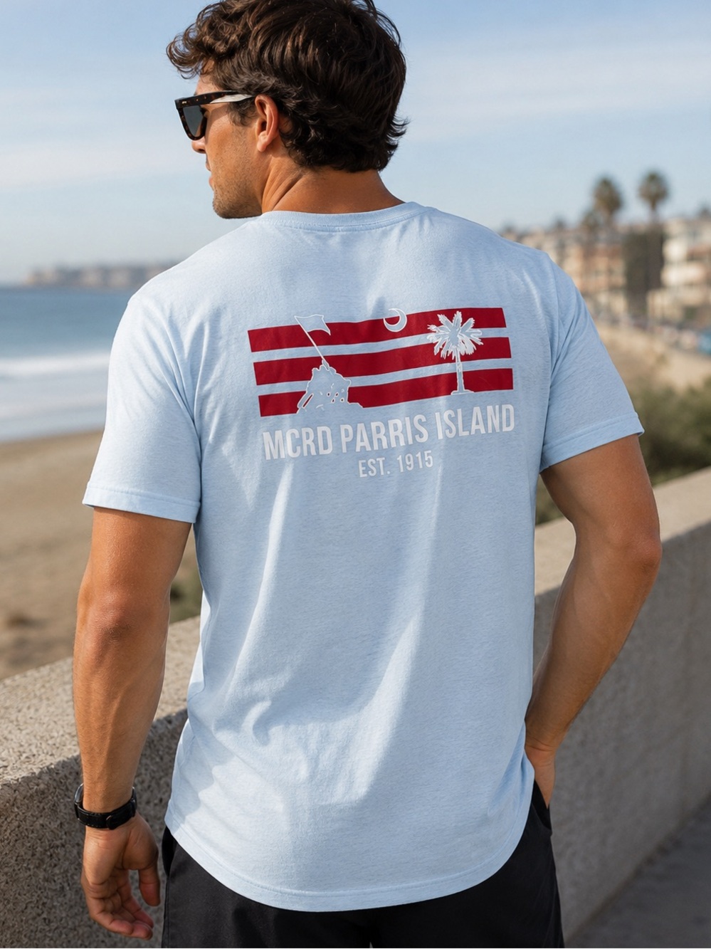 MCRD Parris Island USMC Iwo Jima Palmetto T-Shirt XL Light Blue White Red NEW!
